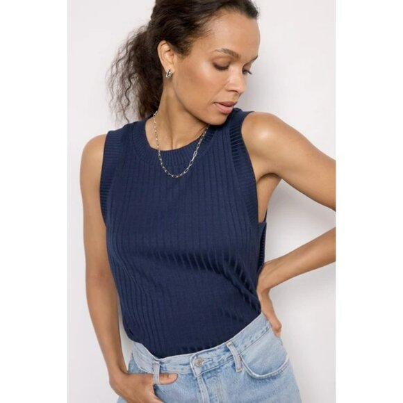 Evereve Sarina Navy Blue Ribbed Tank Round Neck Sleeveless Top Capsule Wardrobe - Picture 1 of 8